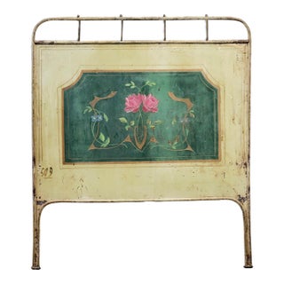 Antique French Art Nouveau Painted Iron and Brass Twin Headboard For Sale