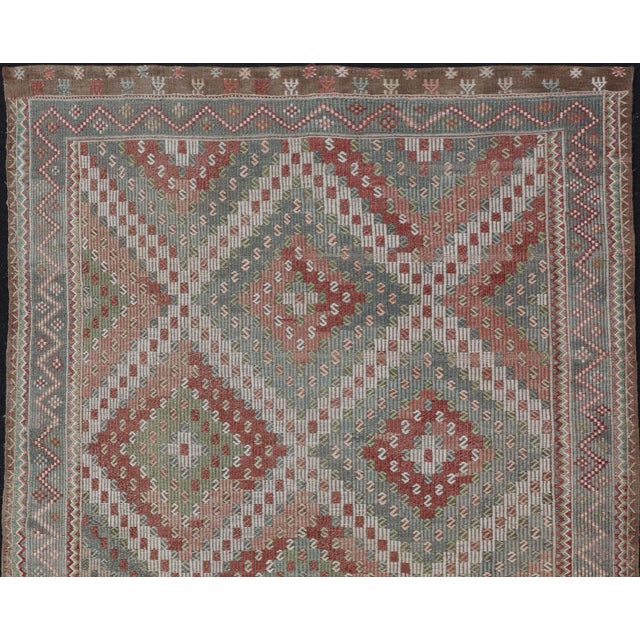 Colorful Vintage Turkish Embroidered Flat-Weave in Diamond Design 7'0 X 10'5 For Sale - Image 4 of 15