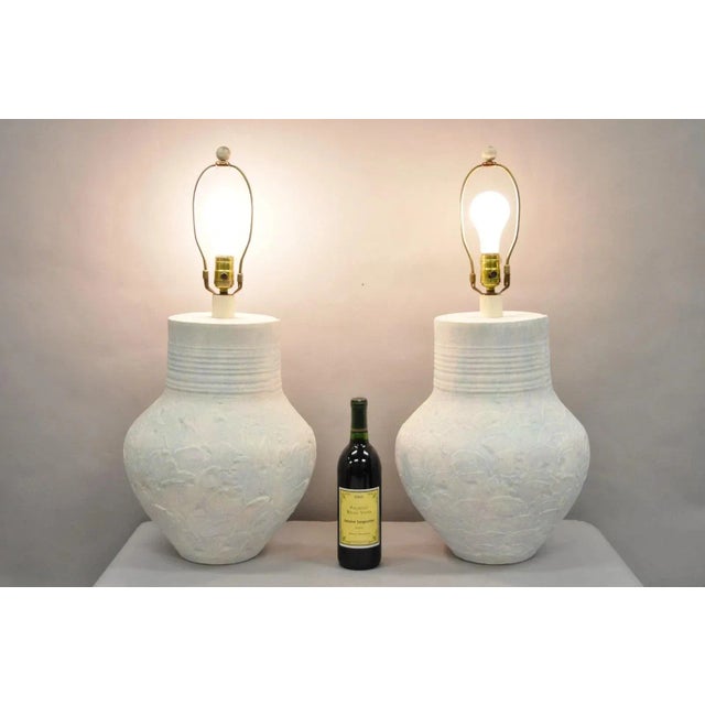 Vintage Postmodern Beach House Ceramic Plaster White Bulbous Table Lamps by Sunset Cosco - a Pair. Item features...
