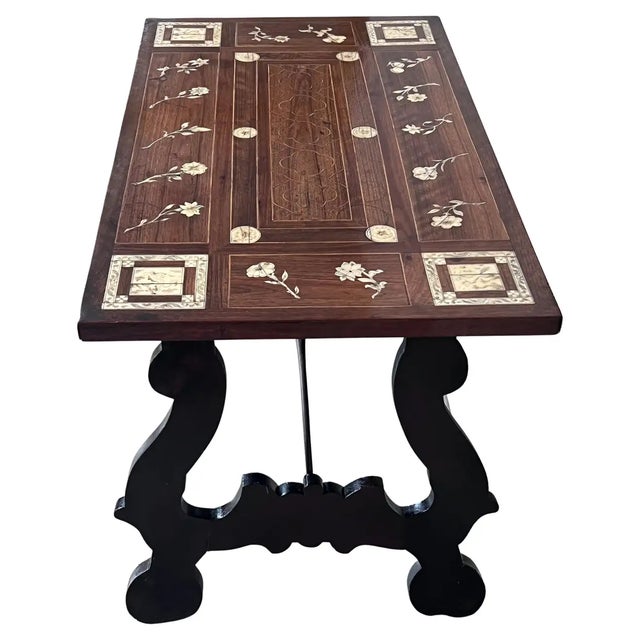 19th Century Baroque Spanish Side Table With Marquetry Top and Iron Stretcher For Sale - Image 11 of 11