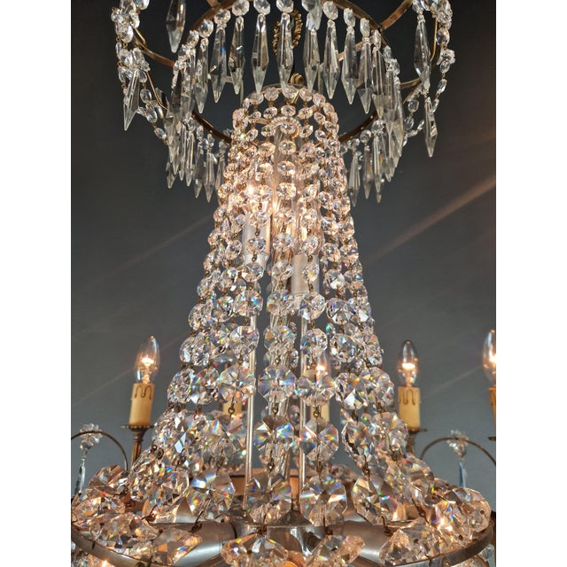 1950s Empire Brass Chandelier Crystal Lustre Ceiling Light For Sale - Image 9 of 12