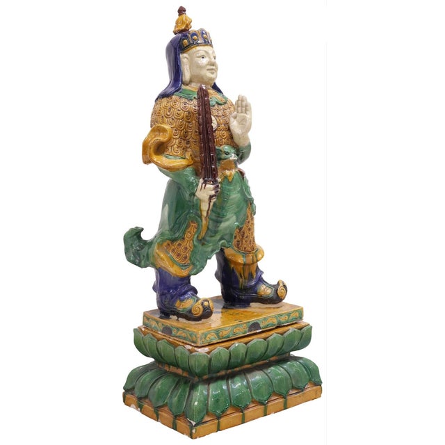 Chinese Large Old Chinese Sancai Glazed Pottery Ming Guardian Warrior Figure Statue For Sale - Image 3 of 9