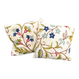 1960s Small Ivory Crewel Embroidered Pillows For Sale