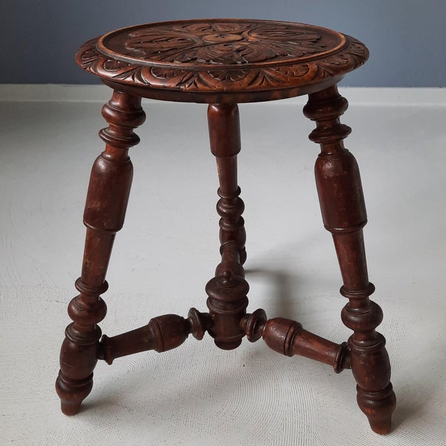 Antique Wooden Stool with Carved Seat, 1900s For Sale - Image 5 of 7