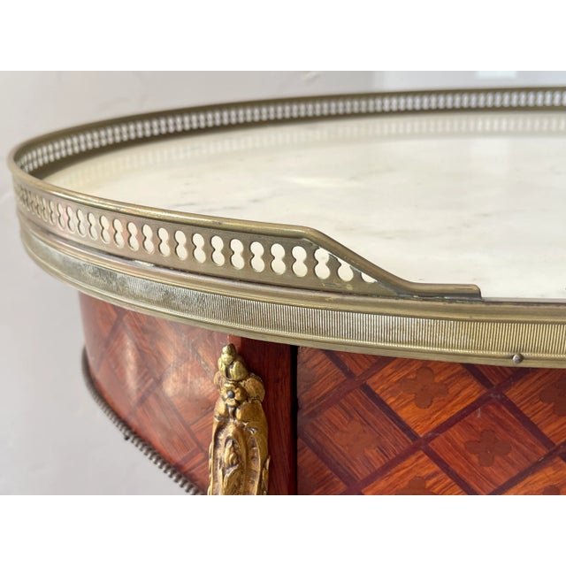 French Marquetry, Brass Gallery & Marble Top Gueridon Table, Early 20Th. C For Sale - Image 4 of 18