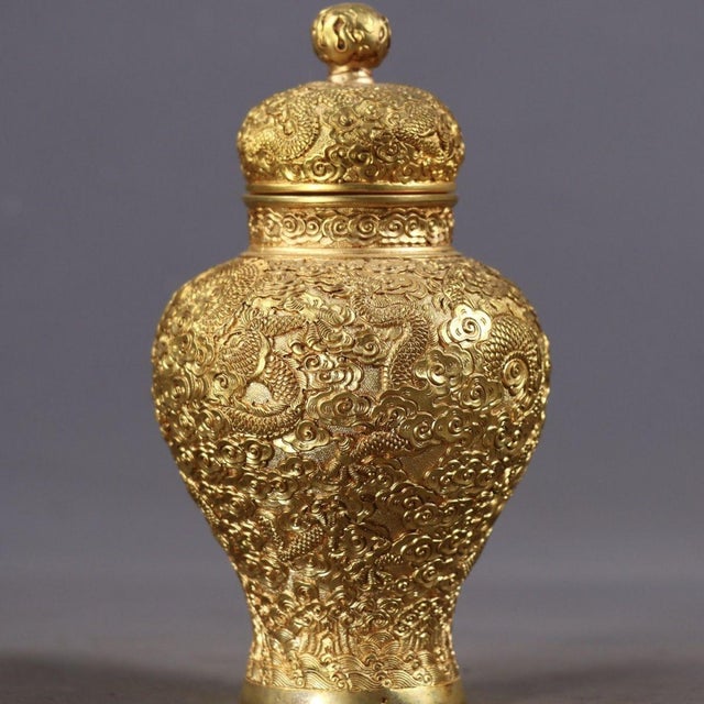 1910s Early 20th Century Ornate Chinese Gilt Bronze High-Relief Dragon Covered Ginger Jar, "Qianlong" Mark For Sale - Image 5 of 9
