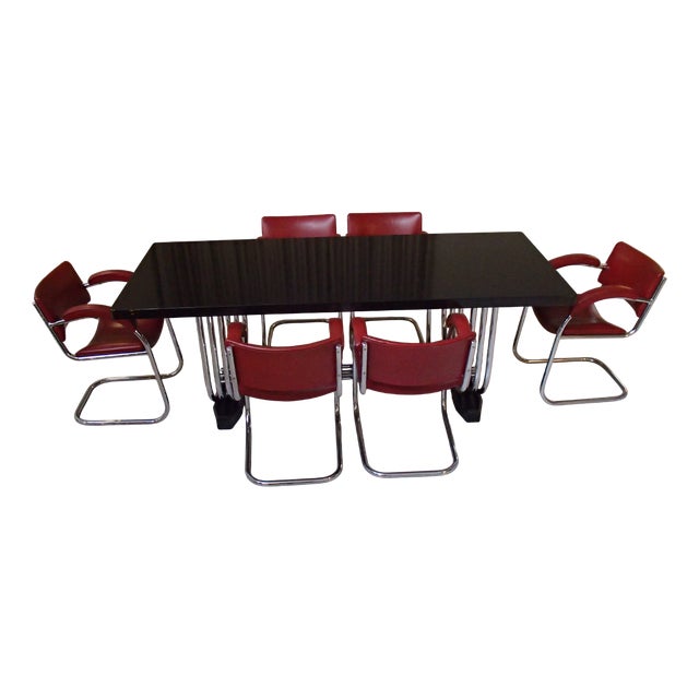 Dining Table and Armchairs from PEL, 1930s, Set of 7 For Sale