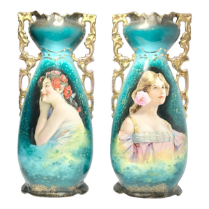 1890s Victoria Carlsbad Austria Art Nouveau Art Nouveau Portrait Vases - Pair