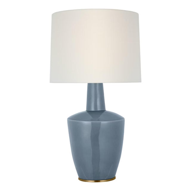 Barbara Barry by Visual Comfort Signature Paros 31" Table Lamp in Polar Blue Crackle with Linen Drum Shade For Sale