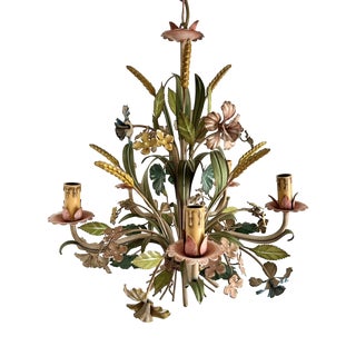 French Polychrome Floral and Wheat Tole 5-Light Chandelier, 1960s For Sale