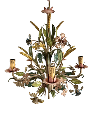 French Polychrome Floral and Wheat Tole 5-Light Chandelier, 1960s