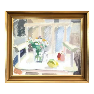 Mid-Century Modern "Still Life With White Chair" Vintage Original Swedish Still Life Oil Painting, Framed