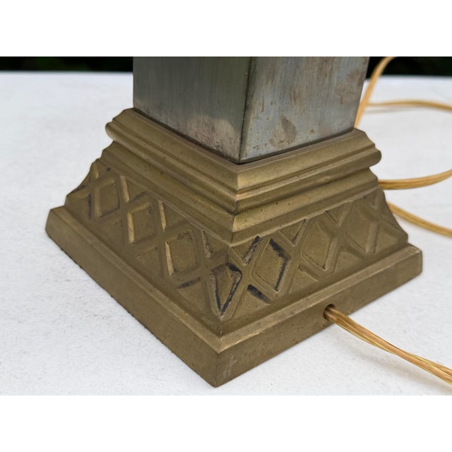 Vintage Greek Key Geometric Brass Table Lamp With Linen Shade For Sale - Image 9 of 12