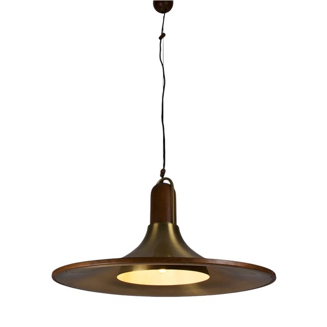 Mid-Century Teak and Brass Pendant Lamp, Italy, 1960s For Sale