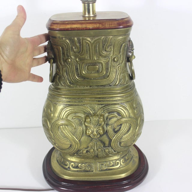 Vintage Brass Chinese Hu Vessel Urn Table Lamp Creatures Oni Serpent Foo Dogs For Sale - Image 10 of 12