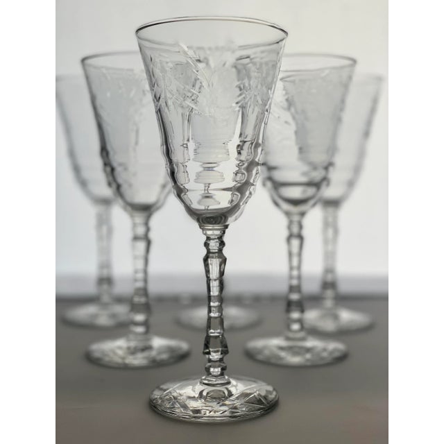 Vintage 1940’s Libbey Rock Sharpe Arctic Rose pattern water or wine stemware set of( 6). This blown glass mid century...