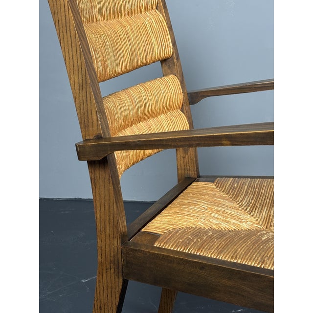 Brutalist Turned Oak and Rush Armchair in the style of Charles Dudouyt, France, 1950s For Sale - Image 6 of 18