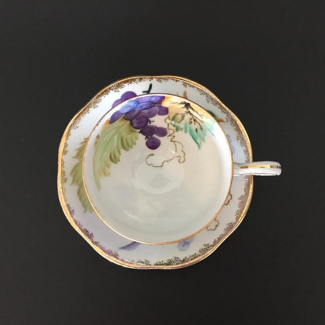French Country Norcrest Hand Painted Tea Cup & Saucer Set - Bunch of Grapes on the Vine For Sale - Image 3 of 12