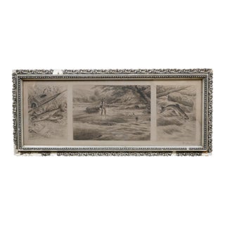 Antique William De Montagne Cary Grouse Trout Fly Fishing Triptych Etching 25" For Sale