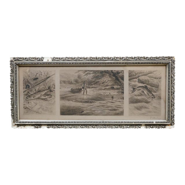 Antique William De Montagne Cary Grouse Trout Fly Fishing Triptych Etching 25" For Sale