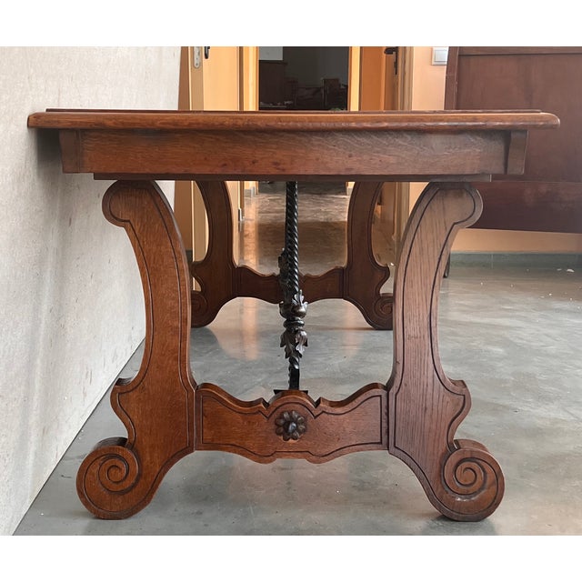 Late 19th Century 20th Century Spanish Oak Lyre Legs Trestle Dining Farm Table For Sale - Image 5 of 12
