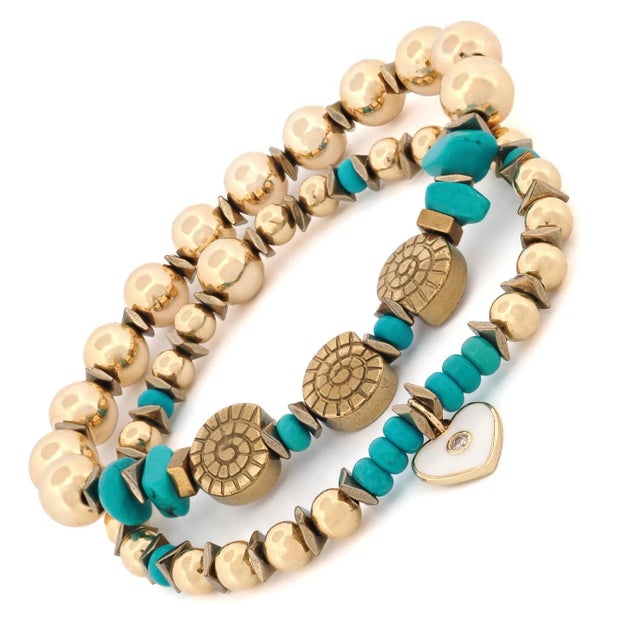 Inner Peace Turquoise & Heart Charm Gold Bracelet Set For Sale In Miami - Image 6 of 8