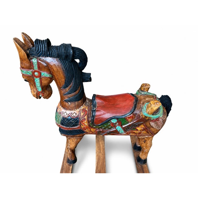 Wood Vintage Southeast Asian Hand-Carved Painted Wood Rocking Horse Sculpture For Sale - Image 7 of 9