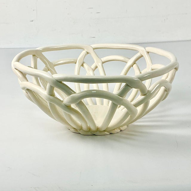 Boho Chic Vintage Italian Arts & Crafts Boho Chic Handcrafted Open Weave Studio Pottery Serving Bowl, Ivory For Sale - Image 3 of 11
