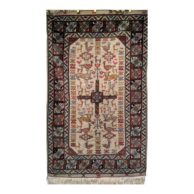 Vintage Persian Qashqai Tribal Area Rug, Hand-Knotted Wool, Animal Motifs, 4x6, Tan & Brown For Sale