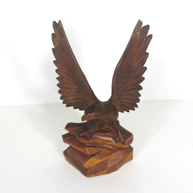 Vintage Carved Wood Eagle Bird Figurine, Man Cave Decor, Hawk Carving, Eagle Small Handmade Wooden Base Bird Sculpture For Sale - Image 4 of 10