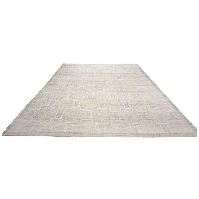 Early 21st Century Nepalese Modern Wool & Silk 12X15 Beige, Ivory & Grey Handmade Area Rug #1143905 For Sale - Image 5 of 12