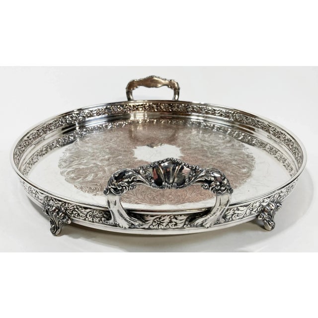 Vintage Footed Round Engraved Silver Plate Tray For Sale In Kansas City - Image 6 of 11