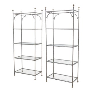 Italian Regency Style Chrome Brass Faux Bamboo Etageres Shelves Bookcases - Pair For Sale