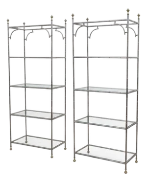 Italian Regency Style Chrome Brass Faux Bamboo Etageres Shelves Bookcases - Pair
