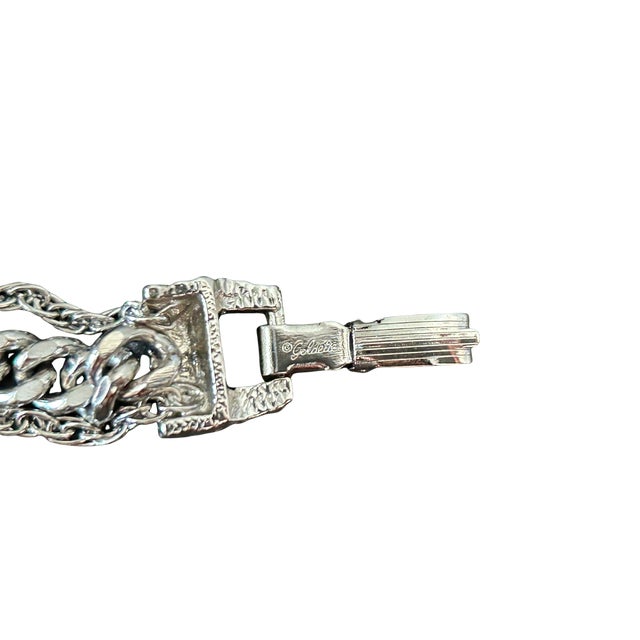 Metal Vintage Goldette Nyc Silver-Tone Double Curb Link Bracelet With Figural Clasp | Victorian Revival Costume Jewelry | 1950s–1970s For Sale - Image 7 of 10