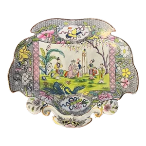 Antique Early 19th C. English Regency Mason's Ironstone China Dessert Dish Serving Plate Chinese Pink Scroll 1813 - 1820