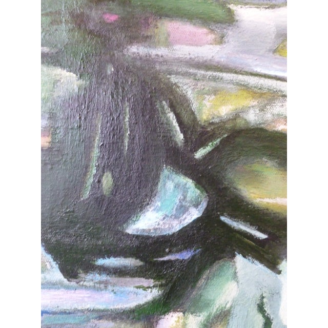 A pink-breasted bird watches a busy world go by while protecting its egg. A moon falls in the distance. Oil and acrylic...