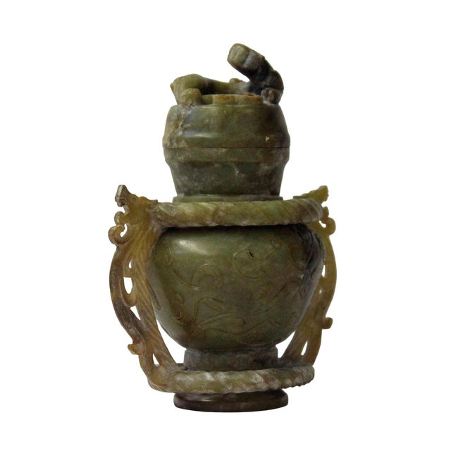 Hand Carved Ancient Style Chinese Jade Stone Double Ring Vase With