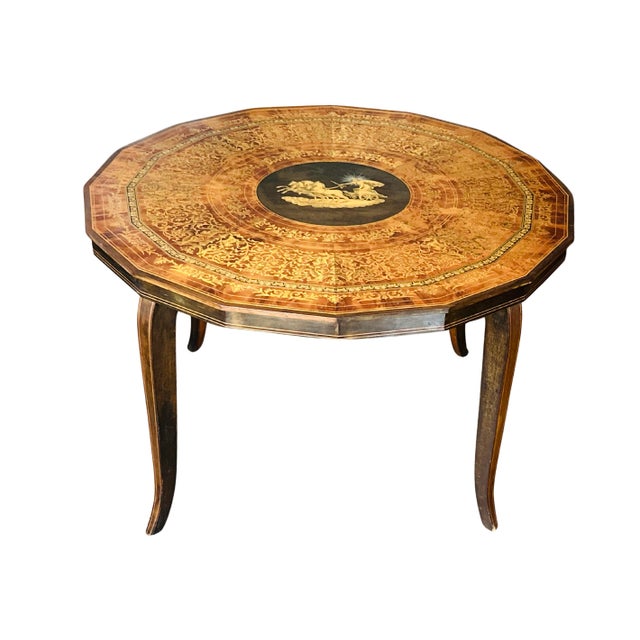 Mid 20th Century Vintage Italian Sorrento Marquetry Table With Helios Chariot Scene – Hand-Inlaid Neoclassical Olive Wood & Burl Walnut Side Table For Sale - Image 5 of 9