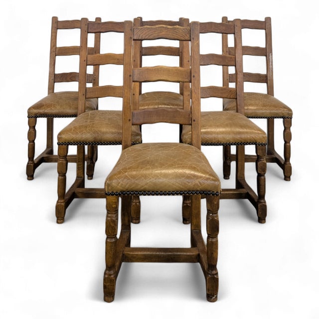 Rustic Leather and Wood Chairs, Set of 6 For Sale - Image 9 of 9