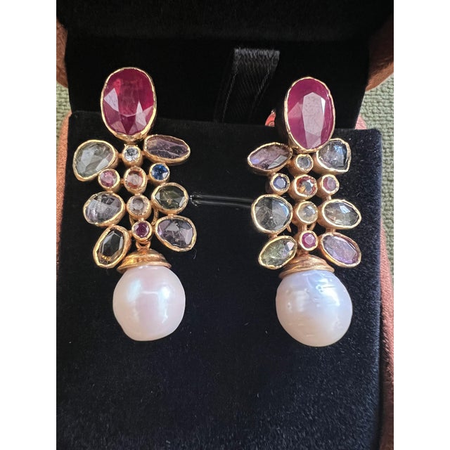 Ruby Red Bochic "Capri" Vintage Ruby & Rose Cut Sapphire Earrings Set 18K Gold & Silver For Sale - Image 8 of 18