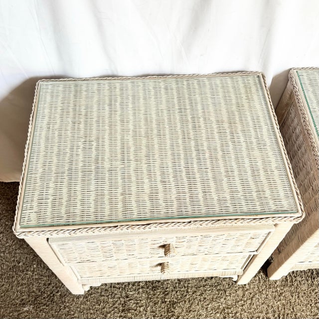 Wood Vintage Boho Chic White Washed Wicker Glass Top Nighstands - A Pair For Sale - Image 7 of 10
