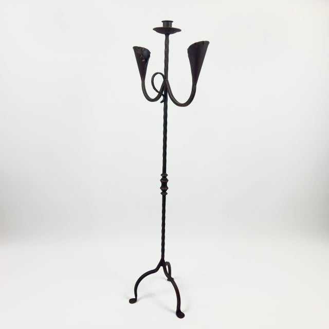 Hand Forged Iron Candelabra 48″ (123cm) Antique Copper or Gold Patina 3-Arm Lily Cup Candle Holder Rustic Wedding Decor For Sale - Image 6 of 9