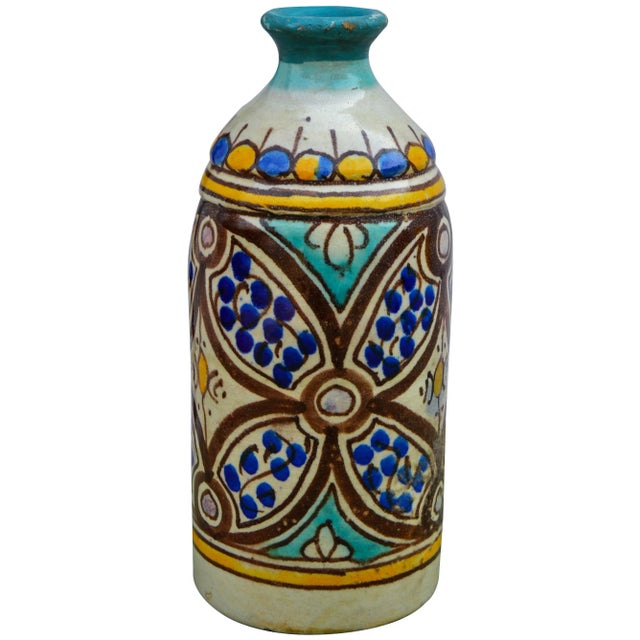 Handcrafted and glazed ceramic vase with an intricately hand-painted Moorish pattern in a traditional Andalusian color...