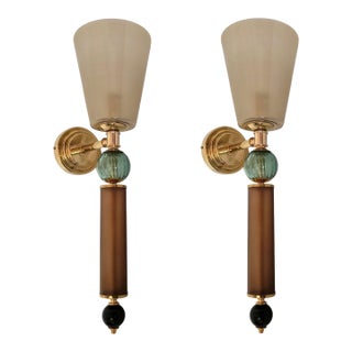 1990s Tobacco, Aqua Blue Murano Glass Sconces For Sale