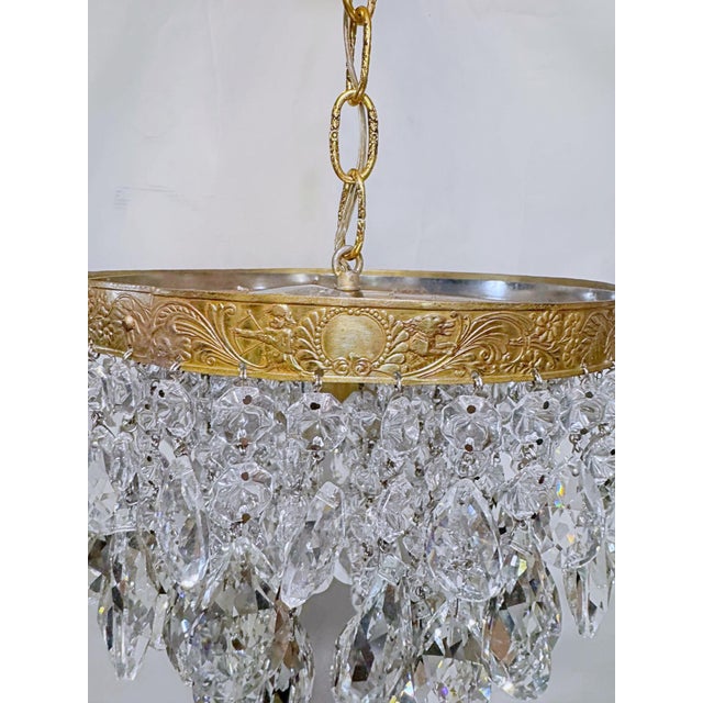 Metal Vintage Crystal Teardrop Chandelier With Embossed Cherub Brass Crown For Sale - Image 7 of 11