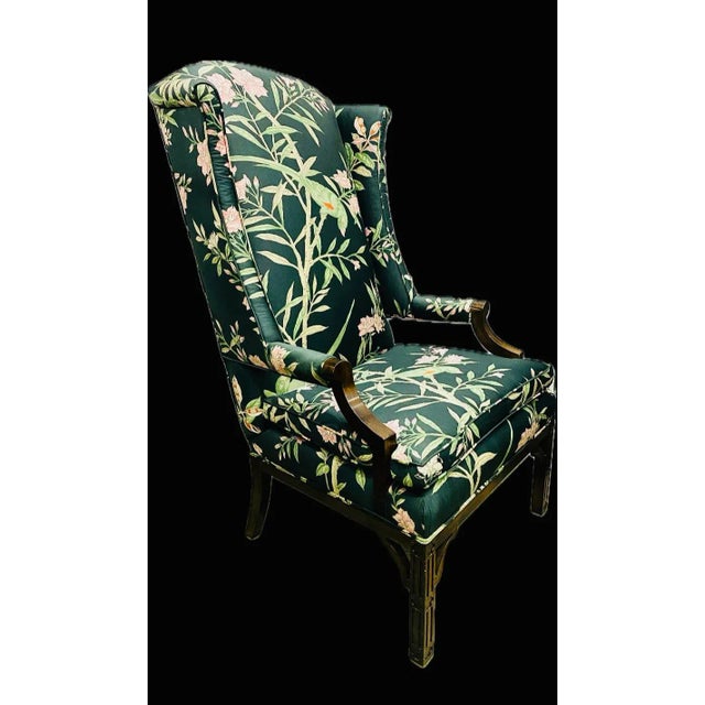 Chinoiserie Vintage Chinoiserie Wingback Chair With New Tropical Upholstery. For Sale - Image 3 of 9
