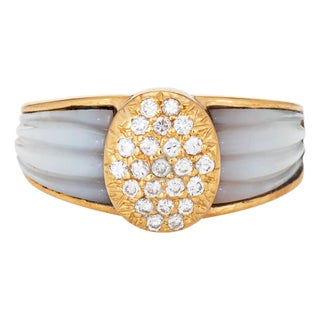 80s Portuguese Ring Diamond Fluted Mother of Pearl 19k Yellow Gold Jewelry 6.5 For Sale