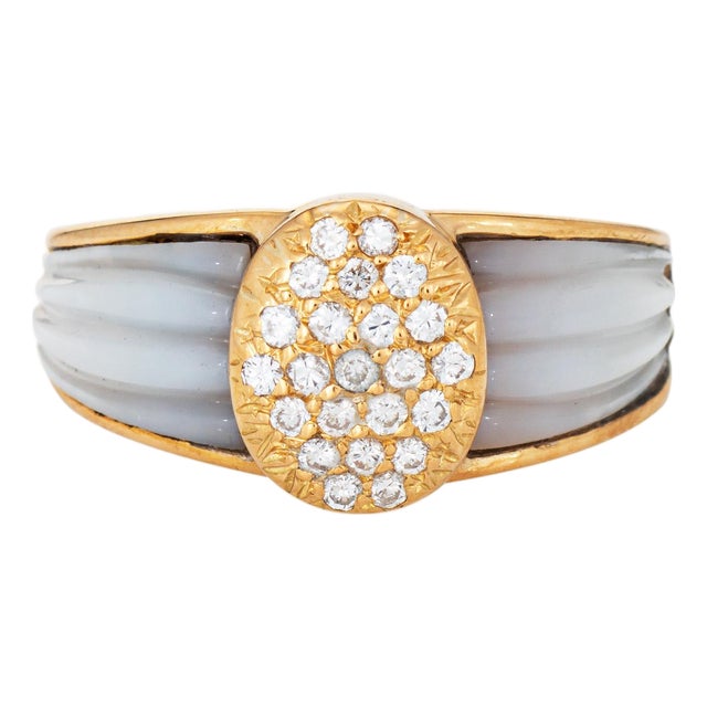 80s Portuguese Ring Diamond Fluted Mother of Pearl 19k Yellow Gold Jewelry 6.5 For Sale