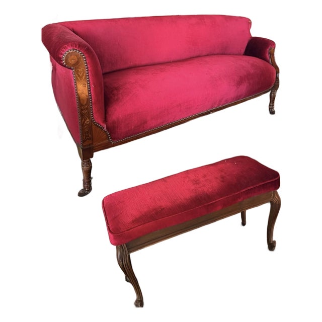 Ruby Merlot 2p Import French Silk Velvet Fabric Vintage Settee Sofa + Bench Set For Sale